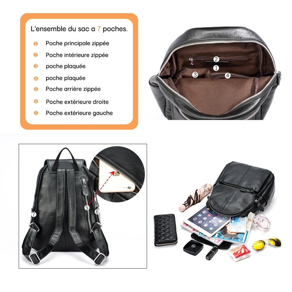 Sac à dos femme antivol en cuir véritable - grande capacité - style élégant. – Image 5